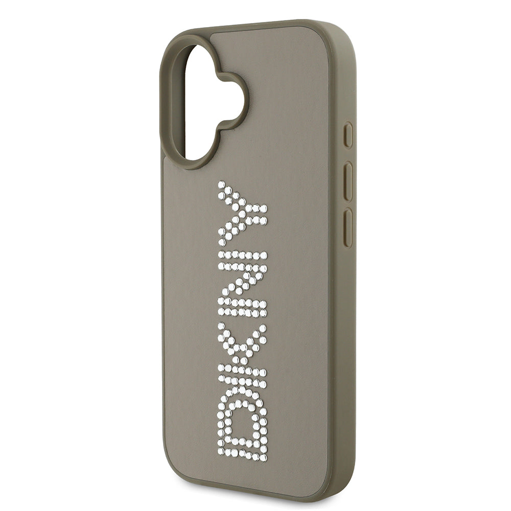 Apple iPhone 16 Kılıf DKNY Orjinal Lisanslı Taşlı DKNY Yazılı Metalik Rhinestones PU Deri Kapak Siyah