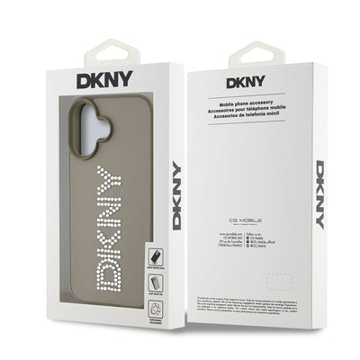 Apple iPhone 16 Kılıf DKNY Orjinal Lisanslı Taşlı DKNY Yazılı Metalik Rhinestones PU Deri Kapak Siyah