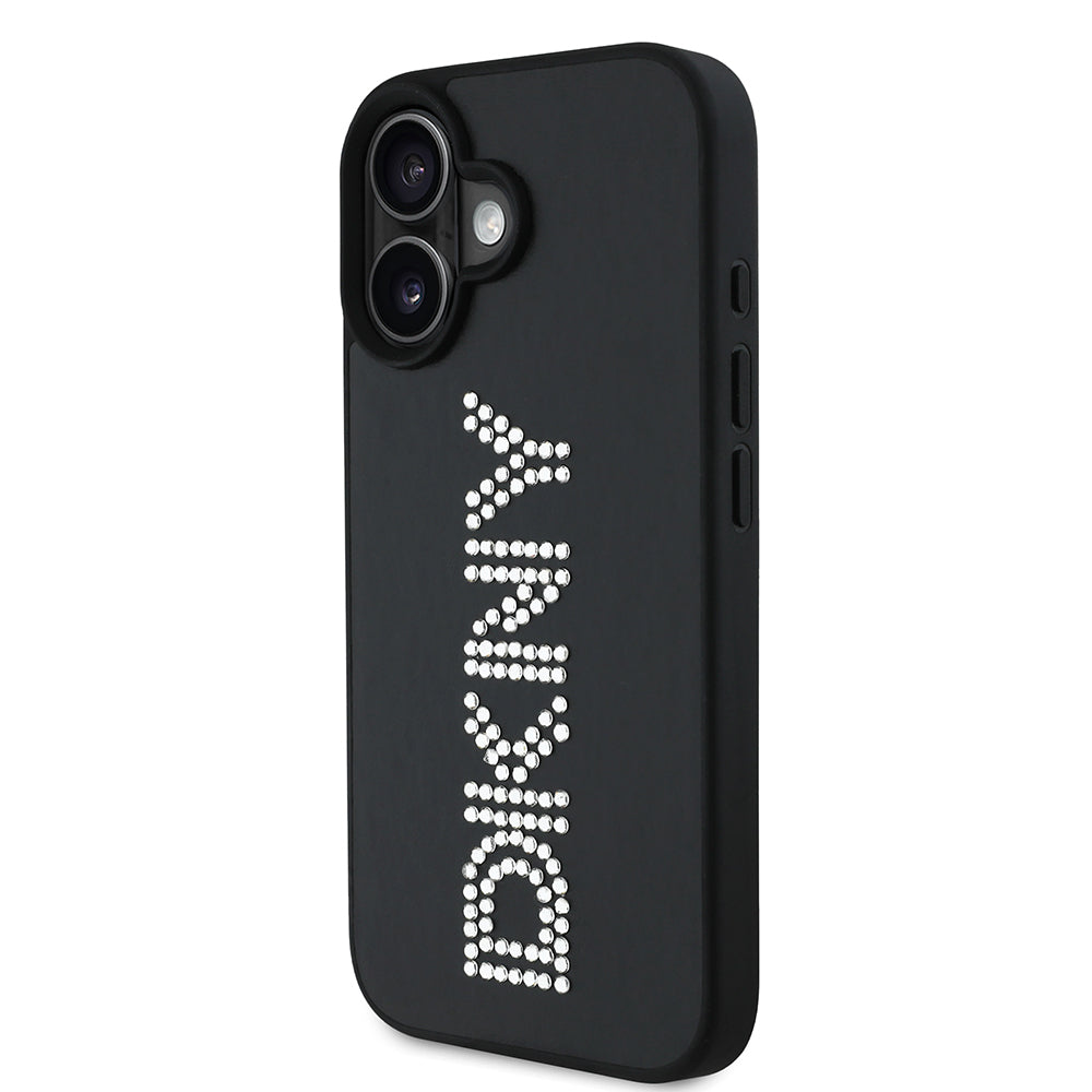 Apple iPhone 16 Kılıf DKNY Orjinal Lisanslı Taşlı DKNY Yazılı Metalik Rhinestones PU Deri Kapak Siyah