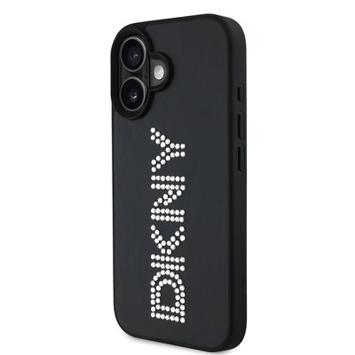 Apple iPhone 16 Kılıf DKNY Orjinal Lisanslı Taşlı DKNY Yazılı Metalik Rhinestones PU Deri Kapak Siyah