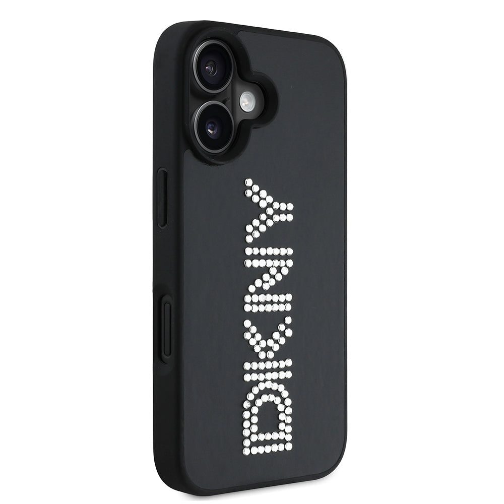 Apple iPhone 16 Kılıf DKNY Orjinal Lisanslı Taşlı DKNY Yazılı Metalik Rhinestones PU Deri Kapak Siyah