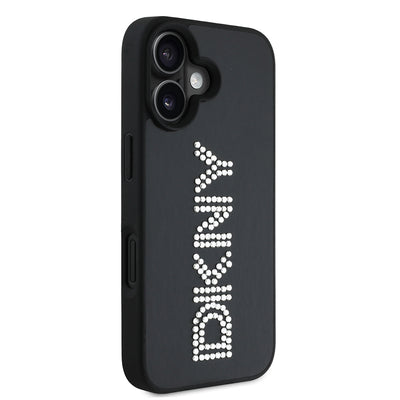Apple iPhone 16 Kılıf DKNY Orjinal Lisanslı Taşlı DKNY Yazılı Metalik Rhinestones PU Deri Kapak Siyah