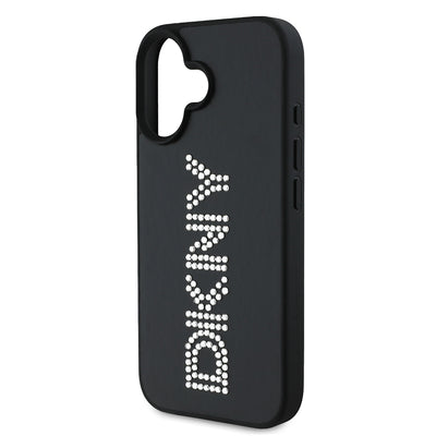 Apple iPhone 16 Kılıf DKNY Orjinal Lisanslı Taşlı DKNY Yazılı Metalik Rhinestones PU Deri Kapak Siyah