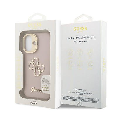 Apple iPhone 16 Kılıf Guess Orjinal Lisanslı Grained Yazı Logolu Kamera Standlı Kapak Pembe