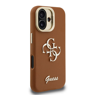 Apple iPhone 16 Kılıf Guess Orjinal Lisanslı Grained Yazı Logolu Kamera Standlı Kapak Bej