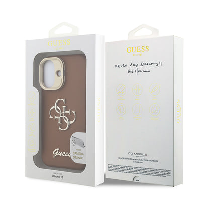 Apple iPhone 16 Kılıf Guess Orjinal Lisanslı Grained Yazı Logolu Kamera Standlı Kapak Bej