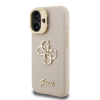 Apple iPhone 16 Kılıf Guess Orjinal Lisanslı Grained Yazı Logolu Kamera Standlı Kapak Bej