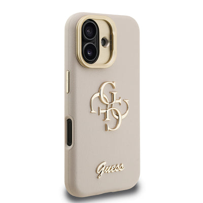 Apple iPhone 16 Kılıf Guess Orjinal Lisanslı Grained Yazı Logolu Kamera Standlı Kapak Bej
