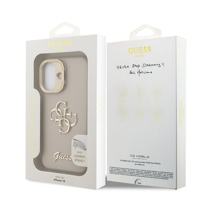 Apple iPhone 16 Kılıf Guess Orjinal Lisanslı Grained Yazı Logolu Kamera Standlı Kapak Bej