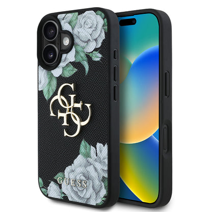 iPhone 16 Kılıf Guess Orjinal Lisanslı Gül Baskılı Büyük Metal Logo Dizaynlı Kılıf