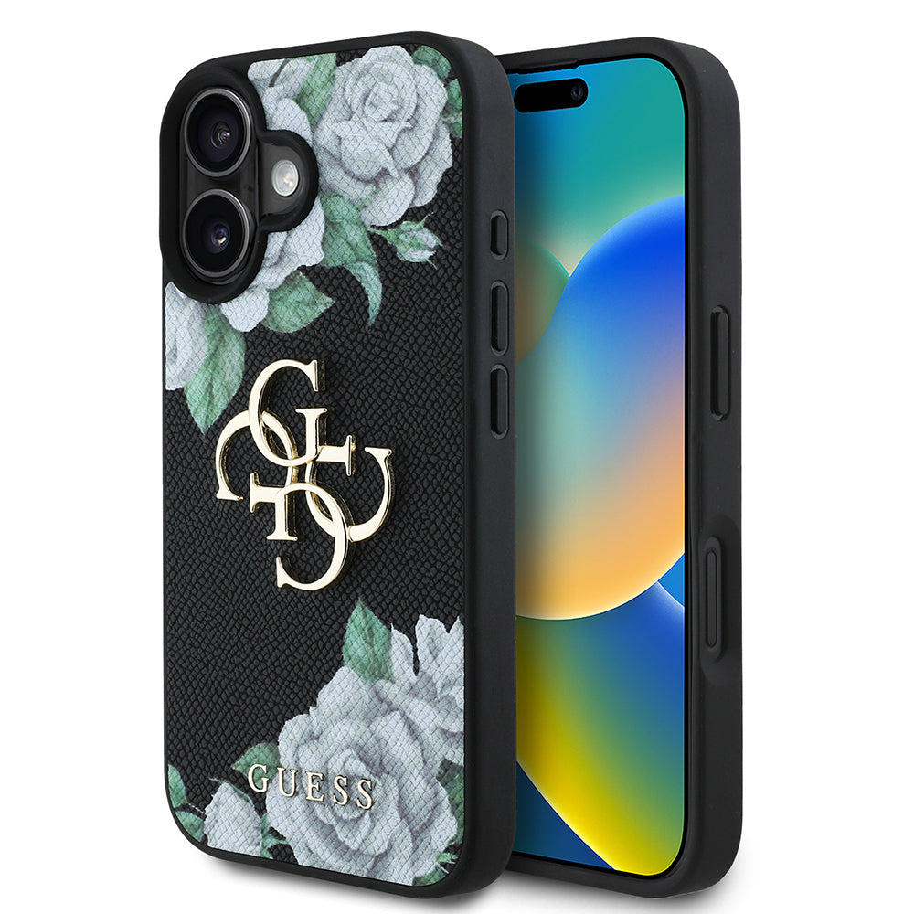 Apple iPhone 16 Kılıf Guess Orjinal Lisanslı Gül Baskılı Büyük Metal Logo Dizaynlı Kapak Siyah