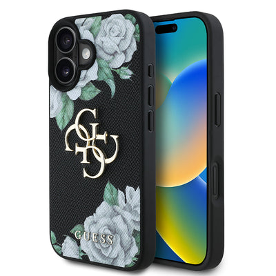 Apple iPhone 16 Kılıf Guess Orjinal Lisanslı Gül Baskılı Büyük Metal Logo Dizaynlı Kapak Siyah