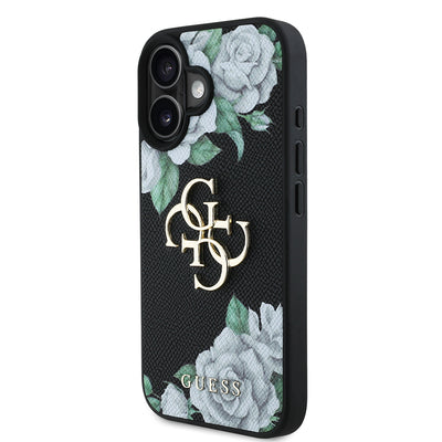 Apple iPhone 16 Kılıf Guess Orjinal Lisanslı Gül Baskılı Büyük Metal Logo Dizaynlı Kapak Siyah