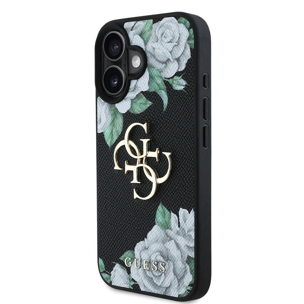 Apple iPhone 16 Kılıf Guess Orjinal Lisanslı Gül Baskılı Büyük Metal Logo Dizaynlı Kapak Pembe