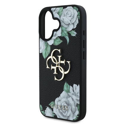 iPhone 16 Kılıf Guess Orjinal Lisanslı Gül Baskılı Büyük Metal Logo Dizaynlı Kılıf