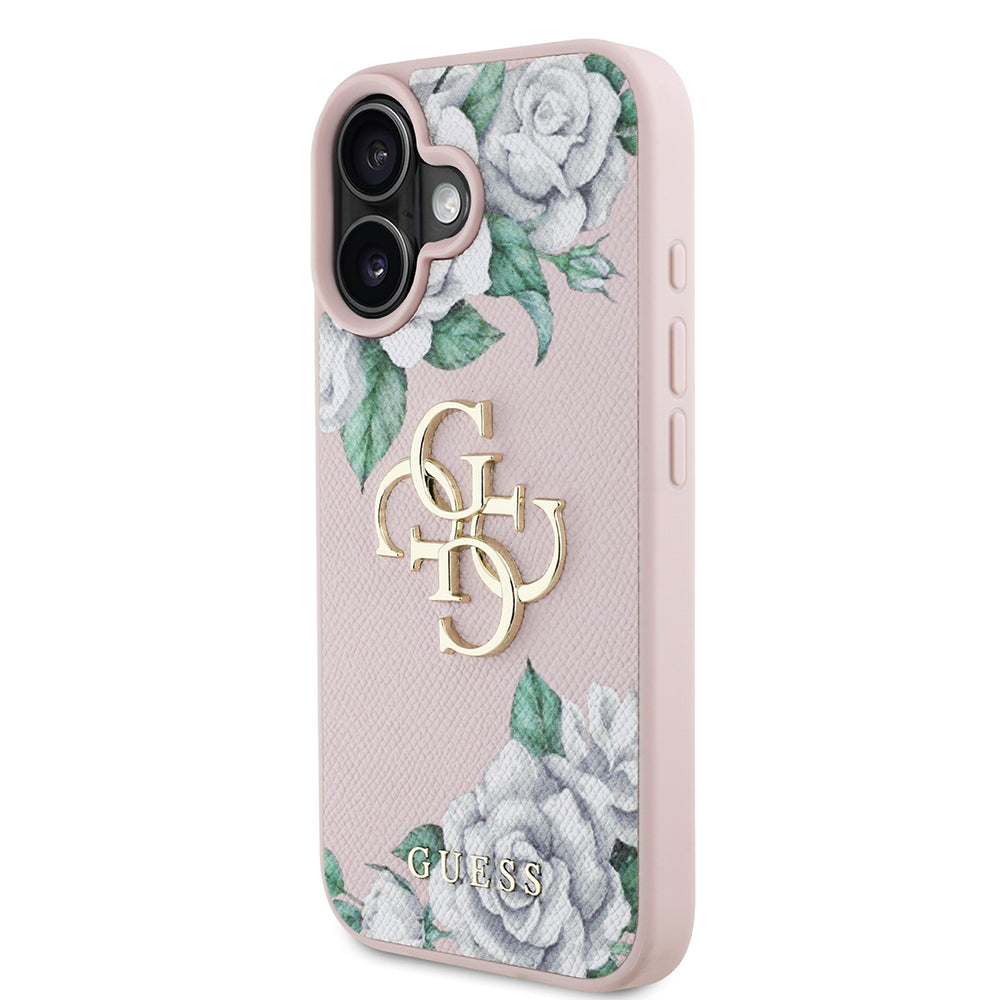 Apple iPhone 16 Kılıf Guess Orjinal Lisanslı Gül Baskılı Büyük Metal Logo Dizaynlı Kapak Pembe