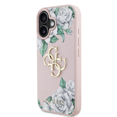 Apple iPhone 16 Kılıf Guess Orjinal Lisanslı Gül Baskılı Büyük Metal Logo Dizaynlı Kapak Mor