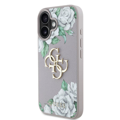 Apple iPhone 16 Kılıf Guess Orjinal Lisanslı Gül Baskılı Büyük Metal Logo Dizaynlı Kapak Mor