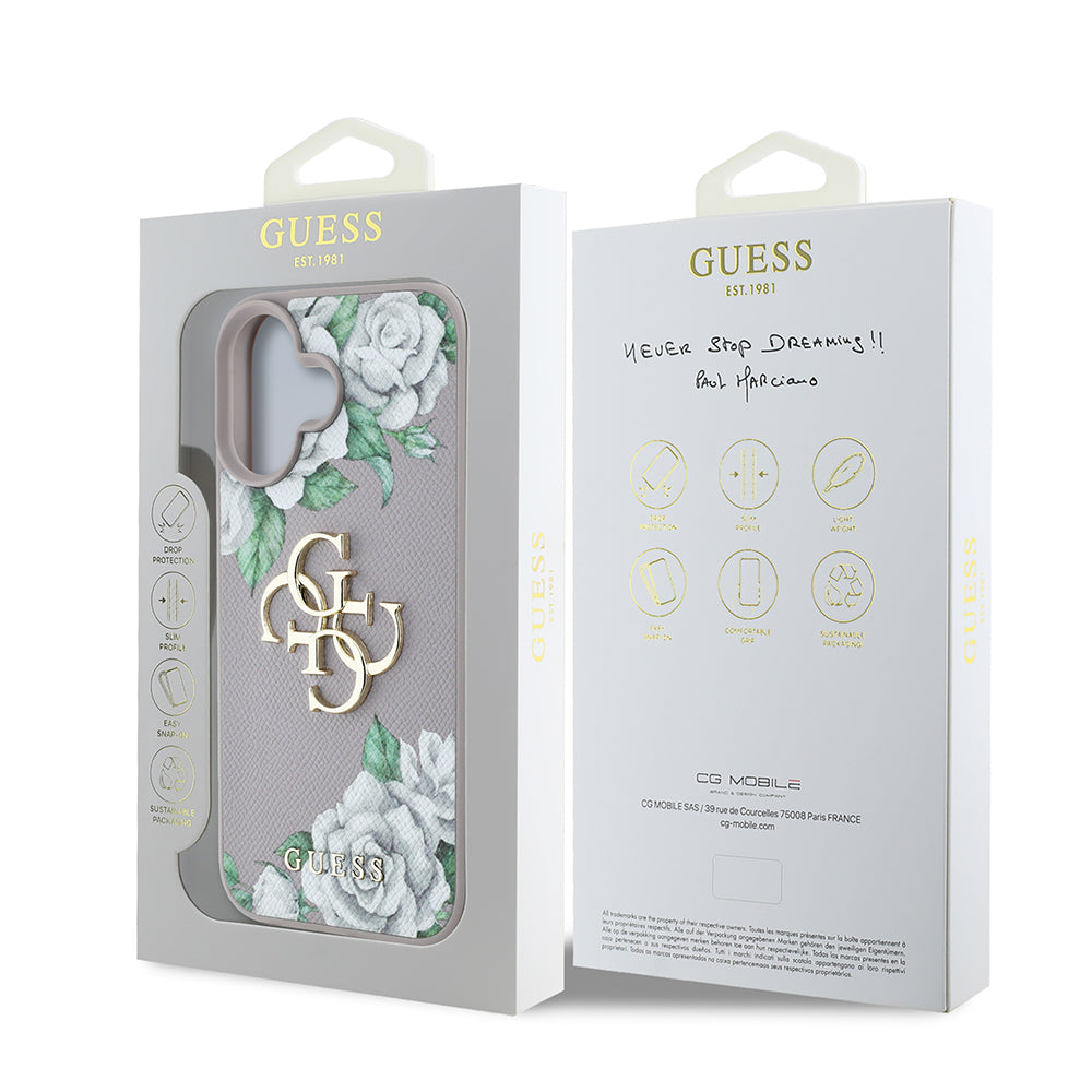 Apple iPhone 16 Kılıf Guess Orjinal Lisanslı Gül Baskılı Büyük Metal Logo Dizaynlı Kapak Siyah