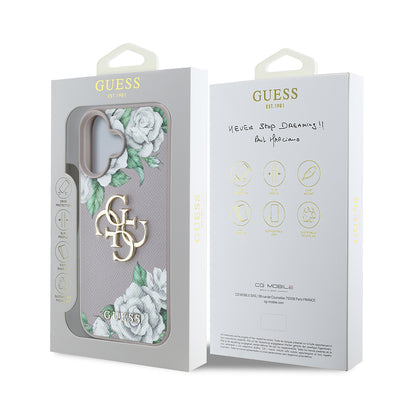 Apple iPhone 16 Kılıf Guess Orjinal Lisanslı Gül Baskılı Büyük Metal Logo Dizaynlı Kapak Siyah