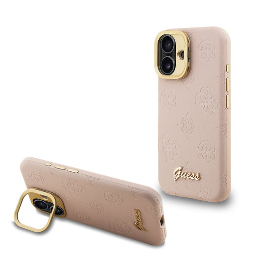 iPhone 16 Kılıf Guess Orjinal Lisanslı M-safe Şarj Özellikli Sıcak Baskılı Yazı Logolu Kamera Standlı PU Deri Peony Kılıf