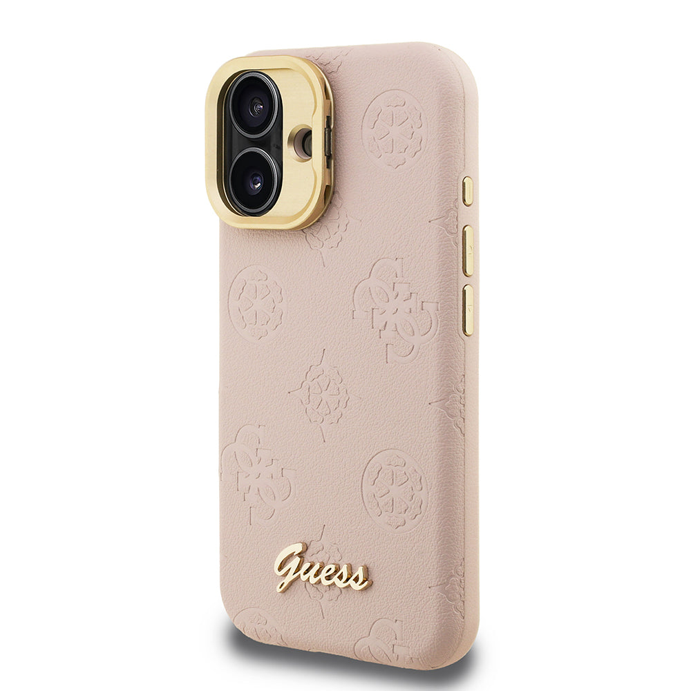 iPhone 16 Kılıf Guess Orjinal Lisanslı M-safe Şarj Özellikli Sıcak Baskılı Yazı Logolu Kamera Standlı PU Deri Peony Kılıf