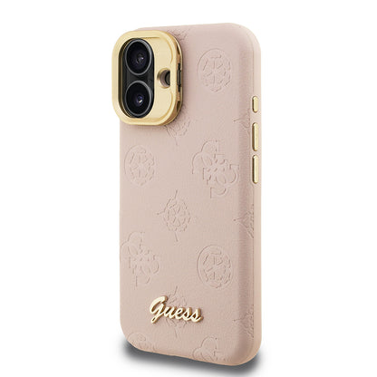 iPhone 16 Kılıf Guess Orjinal Lisanslı M-safe Şarj Özellikli Sıcak Baskılı Yazı Logolu Kamera Standlı PU Deri Peony Kılıf