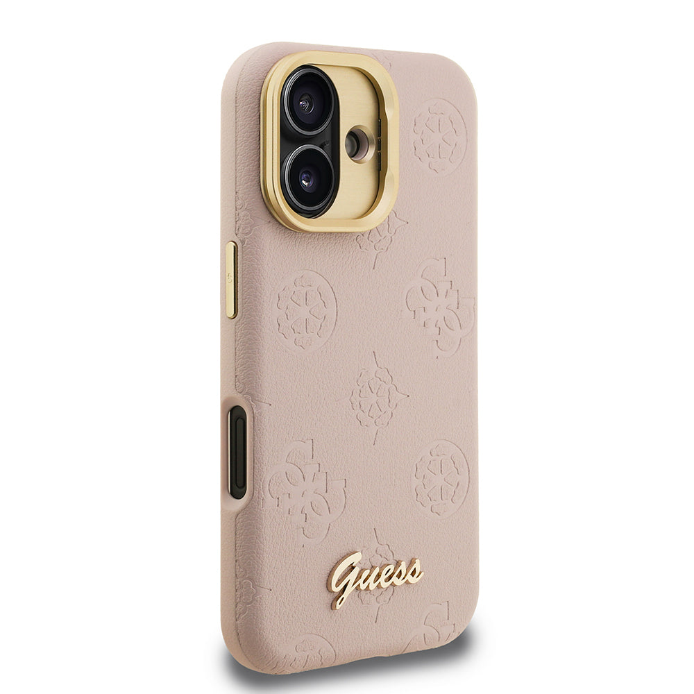 iPhone 16 Kılıf Guess Orjinal Lisanslı M-safe Şarj Özellikli Sıcak Baskılı Yazı Logolu Kamera Standlı PU Deri Peony Kılıf