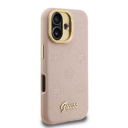 iPhone 16 Kılıf Guess Orjinal Lisanslı M-safe Şarj Özellikli Sıcak Baskılı Yazı Logolu Kamera Standlı PU Deri Peony Kılıf