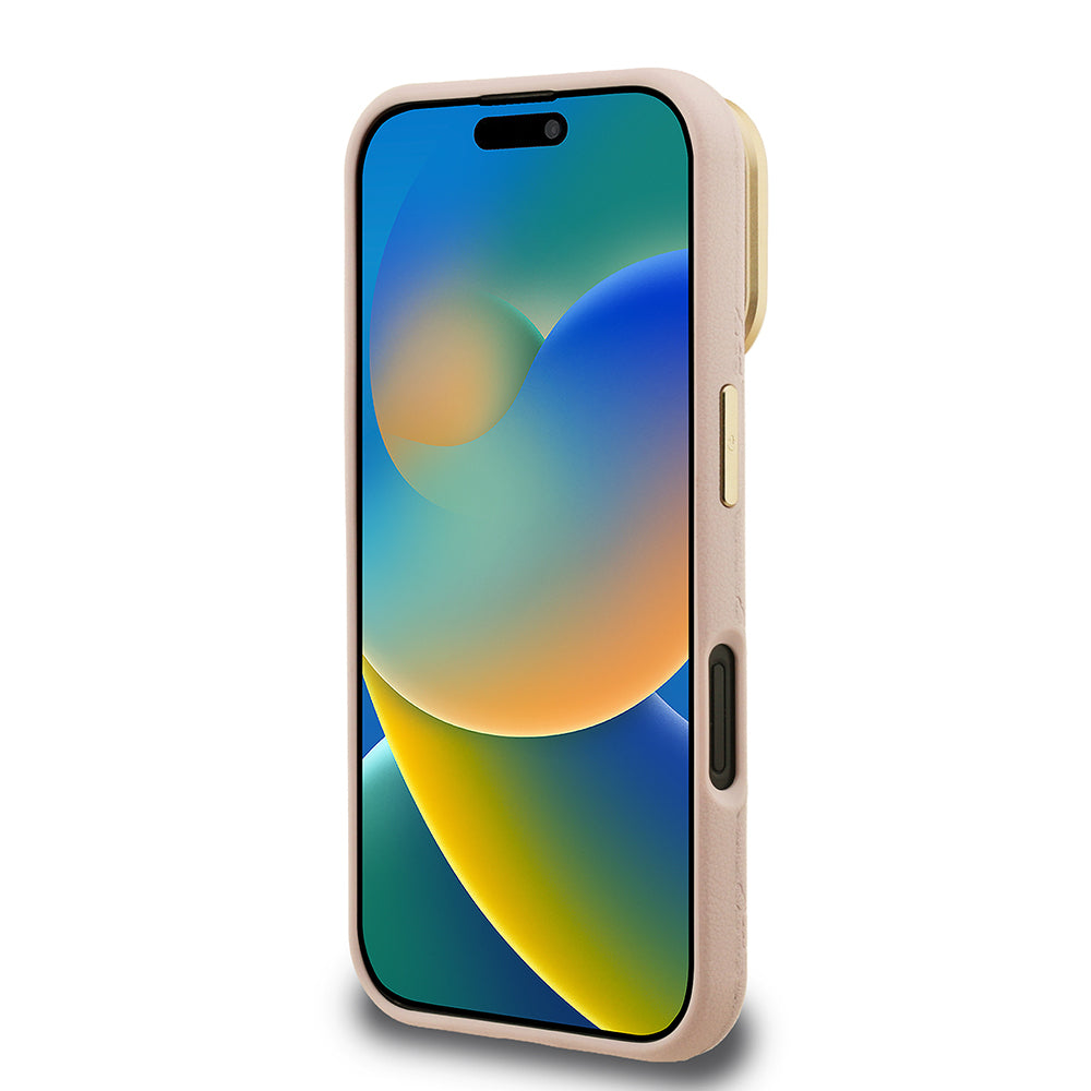 iPhone 16 Kılıf Guess Orjinal Lisanslı M-safe Şarj Özellikli Sıcak Baskılı Yazı Logolu Kamera Standlı PU Deri Peony Kılıf