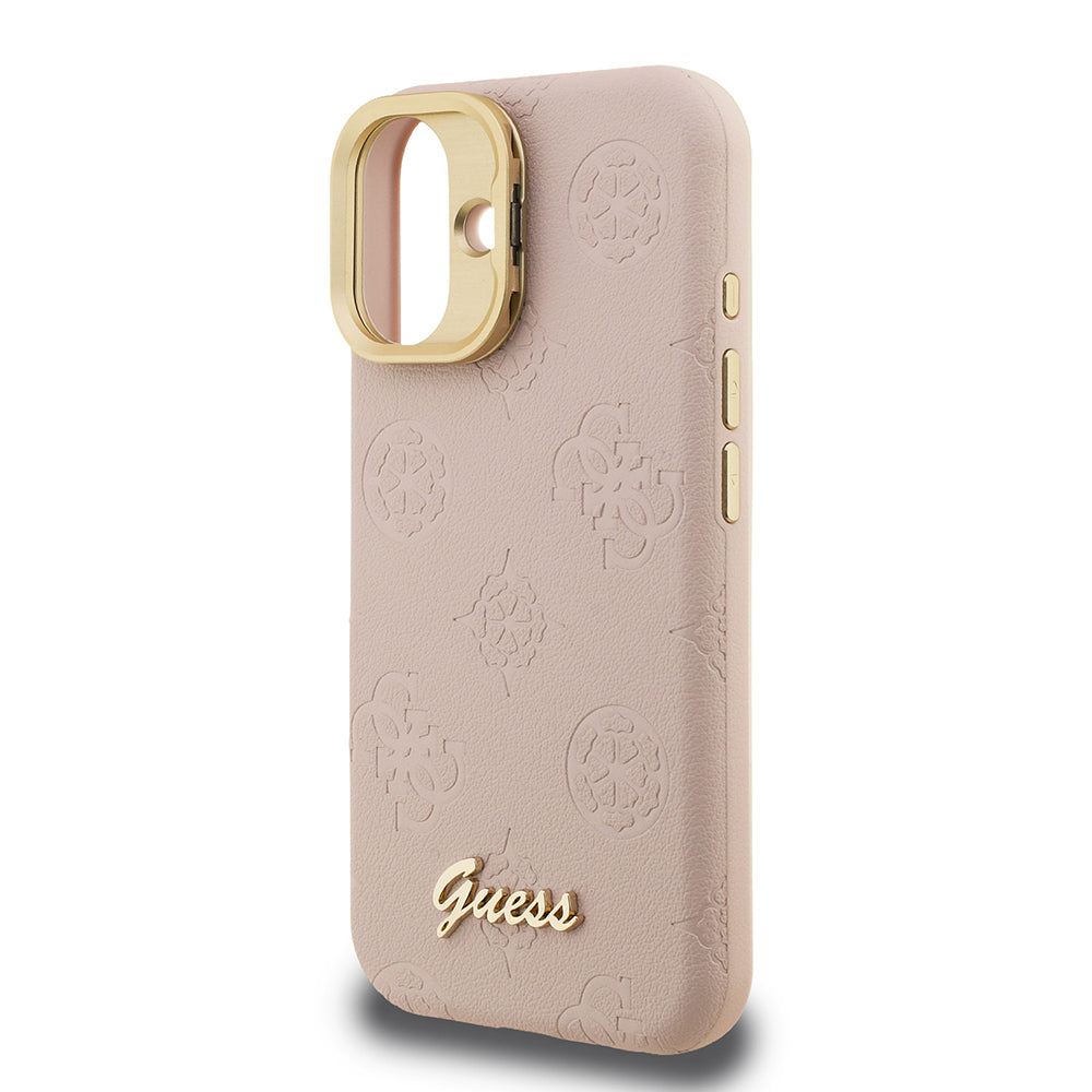 iPhone 16 Kılıf Guess Orjinal Lisanslı M-safe Şarj Özellikli Sıcak Baskılı Yazı Logolu Kamera Standlı PU Deri Peony Kılıf