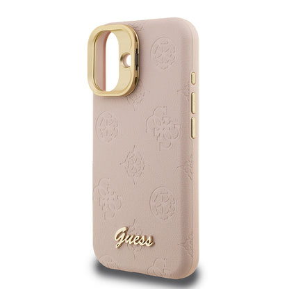 iPhone 16 Kılıf Guess Orjinal Lisanslı M-safe Şarj Özellikli Sıcak Baskılı Yazı Logolu Kamera Standlı PU Deri Peony Kılıf