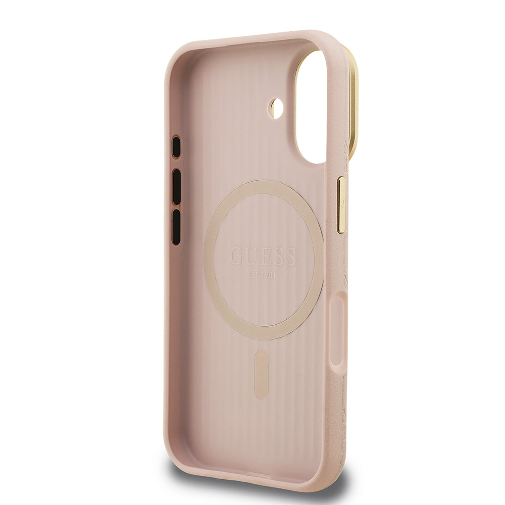 iPhone 16 Kılıf Guess Orjinal Lisanslı M-safe Şarj Özellikli Sıcak Baskılı Yazı Logolu Kamera Standlı PU Deri Peony Kılıf