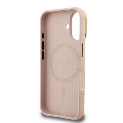iPhone 16 Kılıf Guess Orjinal Lisanslı M-safe Şarj Özellikli Sıcak Baskılı Yazı Logolu Kamera Standlı PU Deri Peony Kılıf