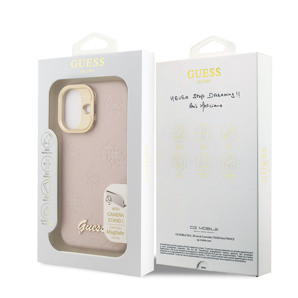 iPhone 16 Kılıf Guess Orjinal Lisanslı M-safe Şarj Özellikli Sıcak Baskılı Yazı Logolu Kamera Standlı PU Deri Peony Kılıf