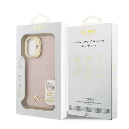 iPhone 16 Kılıf Guess Orjinal Lisanslı M-safe Şarj Özellikli Sıcak Baskılı Yazı Logolu Kamera Standlı PU Deri Peony Kılıf