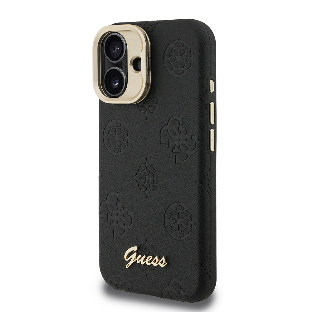 iPhone 16 Kılıf Guess Orjinal Lisanslı M-safe Şarj Özellikli Sıcak Baskılı Yazı Logolu Kamera Standlı PU Deri Peony Kılıf