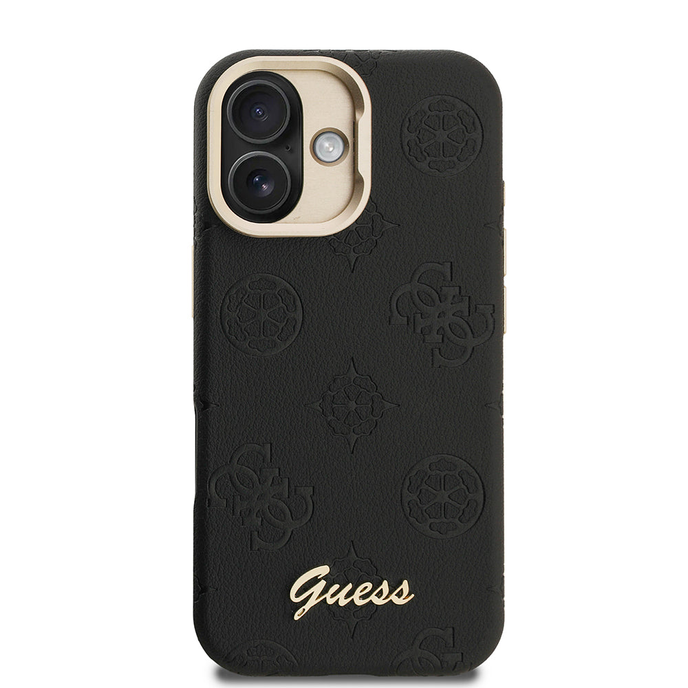 iPhone 16 Kılıf Guess Orjinal Lisanslı M-safe Şarj Özellikli Sıcak Baskılı Yazı Logolu Kamera Standlı PU Deri Peony Kılıf