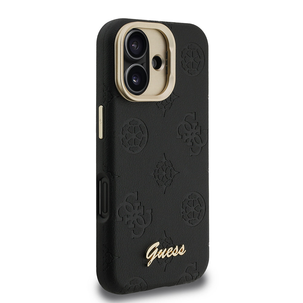 iPhone 16 Kılıf Guess Orjinal Lisanslı M-safe Şarj Özellikli Sıcak Baskılı Yazı Logolu Kamera Standlı PU Deri Peony Kılıf