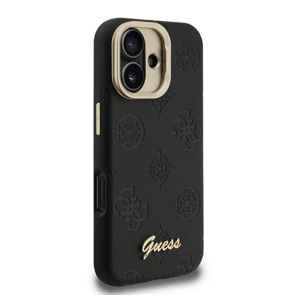 iPhone 16 Kılıf Guess Orjinal Lisanslı M-safe Şarj Özellikli Sıcak Baskılı Yazı Logolu Kamera Standlı PU Deri Peony Kılıf