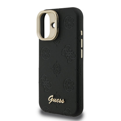 iPhone 16 Kılıf Guess Orjinal Lisanslı M-safe Şarj Özellikli Sıcak Baskılı Yazı Logolu Kamera Standlı PU Deri Peony Kılıf