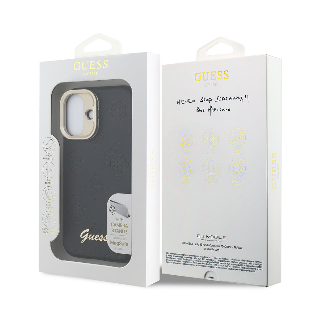 iPhone 16 Kılıf Guess Orjinal Lisanslı M-safe Şarj Özellikli Sıcak Baskılı Yazı Logolu Kamera Standlı PU Deri Peony Kılıf