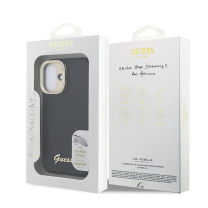 iPhone 16 Kılıf Guess Orjinal Lisanslı M-safe Şarj Özellikli Sıcak Baskılı Yazı Logolu Kamera Standlı PU Deri Peony Kılıf