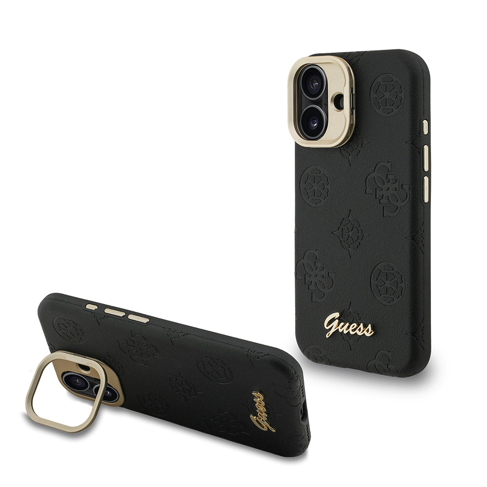 iPhone 16 Kılıf Guess Orjinal Lisanslı M-safe Şarj Özellikli Sıcak Baskılı Yazı Logolu Kamera Standlı PU Deri Peony Kılıf