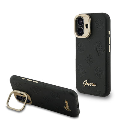 iPhone 16 Kılıf Guess Orjinal Lisanslı M-safe Şarj Özellikli Sıcak Baskılı Yazı Logolu Kamera Standlı PU Deri Peony Kılıf