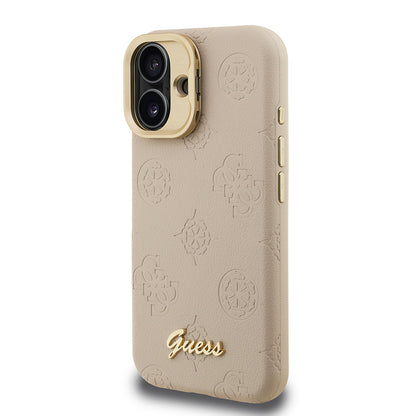 iPhone 16 Kılıf Guess Orjinal Lisanslı M-safe Şarj Özellikli Sıcak Baskılı Yazı Logolu Kamera Standlı PU Deri Peony Kılıf