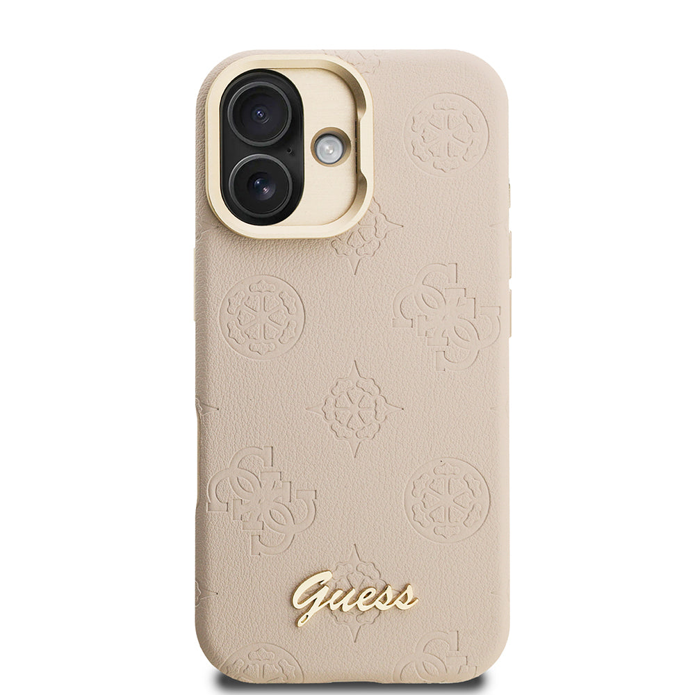 iPhone 16 Kılıf Guess Orjinal Lisanslı M-safe Şarj Özellikli Sıcak Baskılı Yazı Logolu Kamera Standlı PU Deri Peony Kılıf