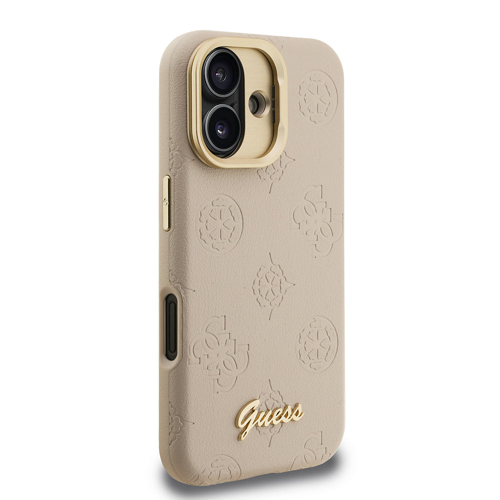 iPhone 16 Kılıf Guess Orjinal Lisanslı M-safe Şarj Özellikli Sıcak Baskılı Yazı Logolu Kamera Standlı PU Deri Peony Kılıf