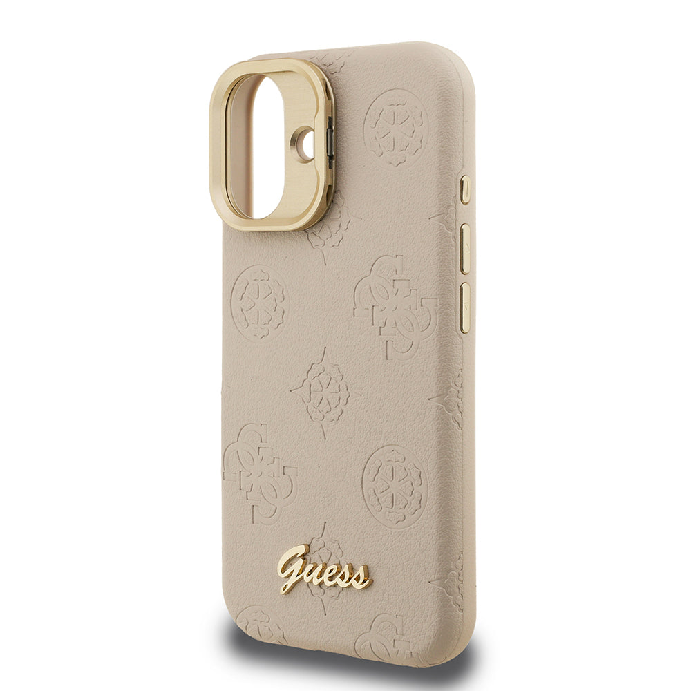 iPhone 16 Kılıf Guess Orjinal Lisanslı M-safe Şarj Özellikli Sıcak Baskılı Yazı Logolu Kamera Standlı PU Deri Peony Kılıf
