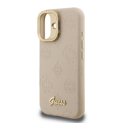 iPhone 16 Kılıf Guess Orjinal Lisanslı M-safe Şarj Özellikli Sıcak Baskılı Yazı Logolu Kamera Standlı PU Deri Peony Kılıf